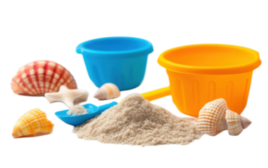 Toy Bucket and Shovel with Sand on transparent background, png