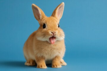 Obraz premium A playful orange rabbit with a pink tongue stands out against a serene blue background