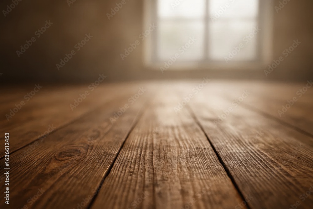 Poster a close-up of a wooden floor with natural light filtering through a window, creating a serene and in