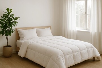 A serene bedroom setting with a pristine white quilt-covered bed, complemented by a lush green plant in a wooden pot, and softly filtered natural light from a window