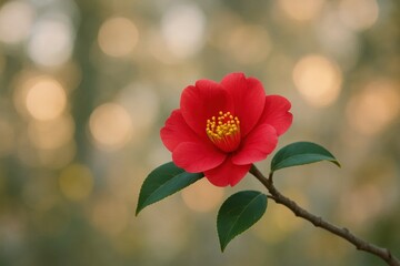 Obraz premium A solitary red camellia blooms in sharp focus against a blurred backdrop of autumnal hues