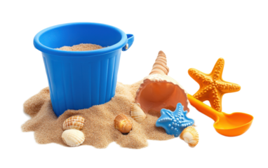 Toy Bucket and Shovel with Sand on transparent background, png