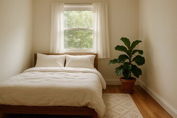 Fototapeta premium A serene bedroom bathed in soft light, featuring a pristine white bed with crisp linens and a lush green plant on the windowsill, offering a peaceful escape from the hustle of daily life