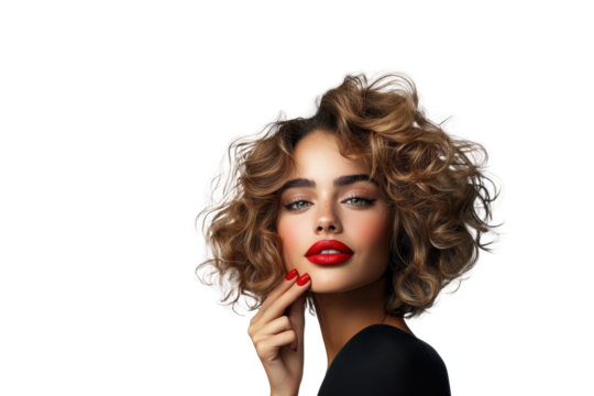 Beautiful woman with curly short hair and red lipstick on transparent background