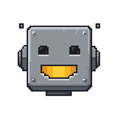 Happy smiling square robot head in a retro pixel art style with metallic plates and a glowing yellow mouth.
