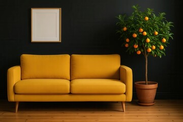 An inviting living space with a vibrant yellow sofa, a potted orange tree, and a framed picture on the wall