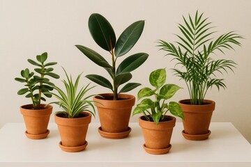 Obraz premium A serene collection of potted plants, each with its own unique charm, adorns a pristine white surface against a soft beige backdrop