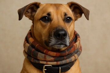 Obraz premium A brown dog with a plaid scarf stands against a muted background, its gaze directed upwards and slightly to the side