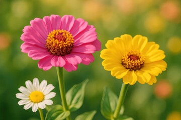 Obraz premium Pink zinnia and yellow daisy bloom in a field of green, with hints of orange and pink in the soft-focus background