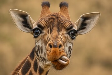 Fototapeta premium A young giraffe gazes directly into the camera with a hint of playfulness