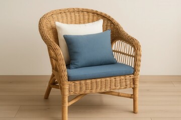 A woven chair with a blue cushion invites relaxation in a minimalist setting