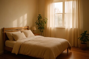Fototapeta premium Embracing tranquility in a serene bedroom bathed in warm sunlight