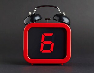 Red digital alarm clock, black bells, displaying 8