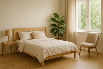 Fototapeta premium A serene bedroom with a large wooden bed, a cozy chair, and a potted plant by the window
