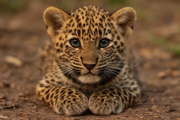 Fototapeta premium A Leopard cub gazes into the camera with a curious expression, embodying the pure wonder and vulnerability of youth in the wild