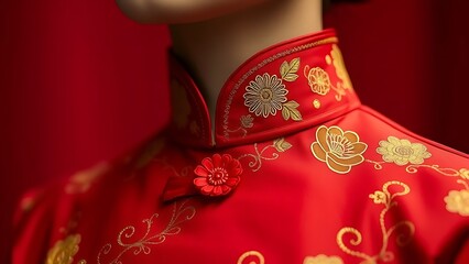 Silk qipao collar embroidered with peony and star patterns, showcasing ceremonial elegance.