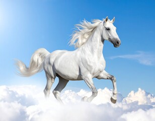 Obraz premium White horse running in snow with black mane, isolated wild stallion galloping on a winter farm