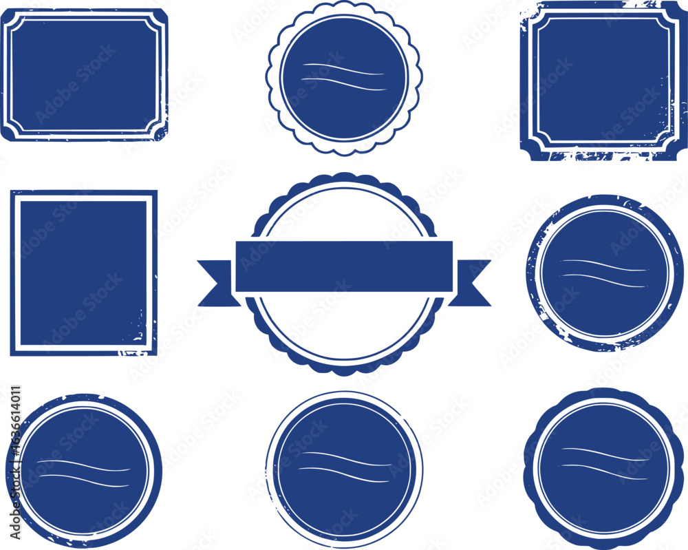 Poster collection of distressed blue vector badge and label designs with varied shapes and embellishments f