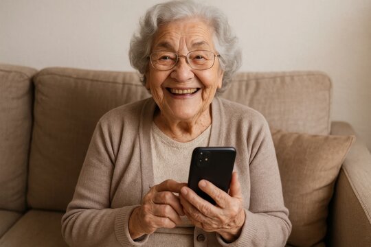 An elderly woman shares a moment of happiness while using her smartphone