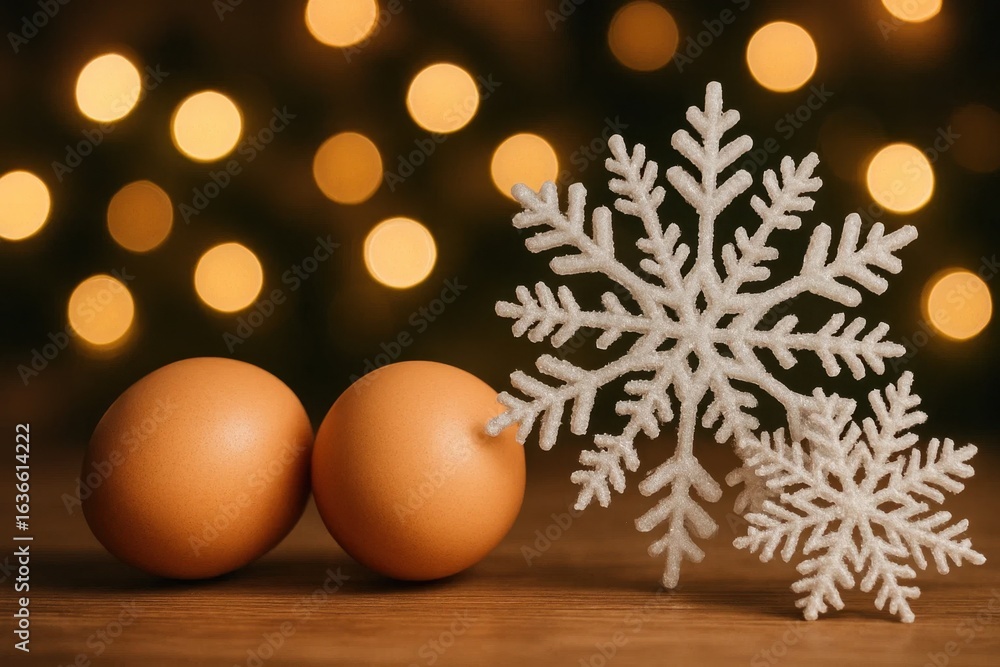 Poster two glossy orange eggs rest on a wooden surface, illuminated by soft bokeh lights in the background