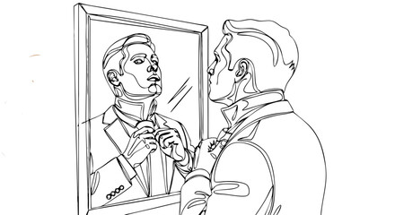 Obraz premium A man adjusting his tie in a mirror, showing professional preparation. Continuous line art vector illustration