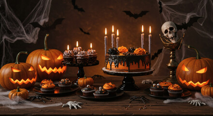 Halloween cake with burning candles and pumpkins on dark background. Halloween background with pumpkin, skull and candles. Halloween concept.