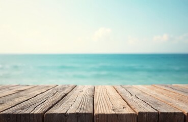 Fototapeta premium Wooden table surface offers serene sea view with calm blue water and bright sky. Soft sunlight creates relaxing summer holiday atmosphere on coast. Natural wood texture provides depth and tranquility.