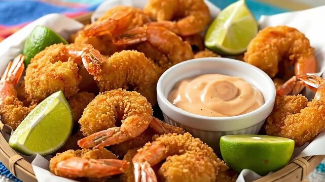 Crispy fried shrimp recipe with dipping sauce and lime wedges perfect appetizer seafood dish idea