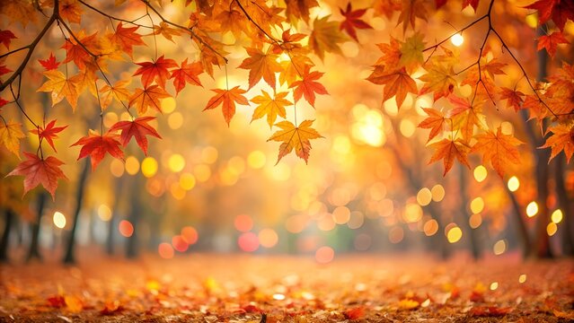 Vibrant autumn forest scene with colorful leaves and warm sunlight filtering through the trees, creating a magical atmosphere