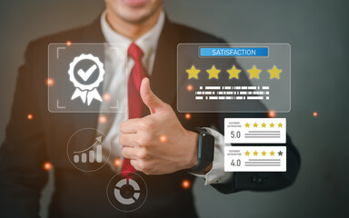 Businessman showing thumbs up with customer satisfaction rating interface displaying five stars and feedback scores. Quality service concept with review system and performance evaluation metrics.