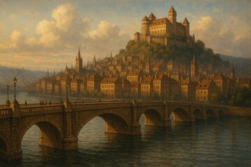 Obraz premium A Tranquil Riverside Cityscape at Dusk