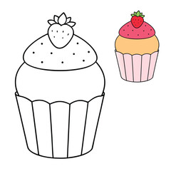 A fluffy strawberry cupcake topped with creamy pink frosting and fresh strawberry slices, offering a sweet burst of fruity flavor in every delightful bite.
