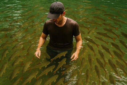 Amidst the tranquil waters of nature's bounty, a man in contemplation stands alone with his thoughts, surrounded by a sea of fish that swim around him