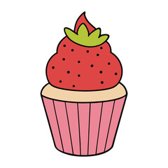 A fluffy strawberry cupcake topped with creamy pink frosting and fresh strawberry slices, offering a sweet burst of fruity flavor in every delightful bite.
