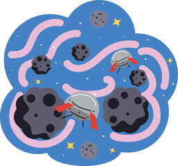 Whimsical space adventure with cartoon UFOs flying through a colorful asteroid field and cosmic labyrinth vibrant blue cosmos pink paths yellow stars for playful kids games