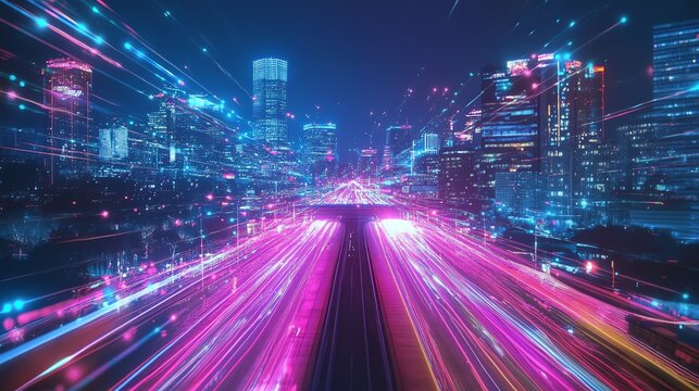 Vibrant pink and blue light trails streak across a modern city highway at night. - Powered by Adobe