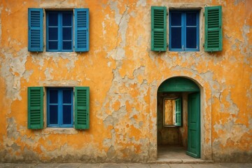 Fototapeta premium A Vivid Orange Building with Blue Shutters and Green Doors