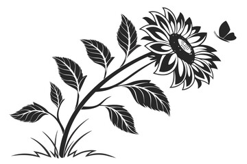 Fototapeta premium Sunflower Silhouette with Butterfly: A detailed and elegant silhouette of a sunflower, accompanied by a delicate butterfly, symbolizing growth, positivity.