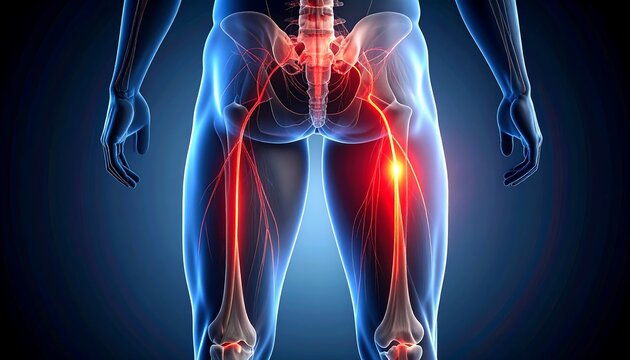 Digital anatomical illustration of sciatic nerve pain radiating through hips and thighs, emphasizing neural pathways and discomfort.