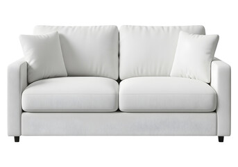 Comfortable plush white two seater sofa with two matching throw pillows isolated on transparent background