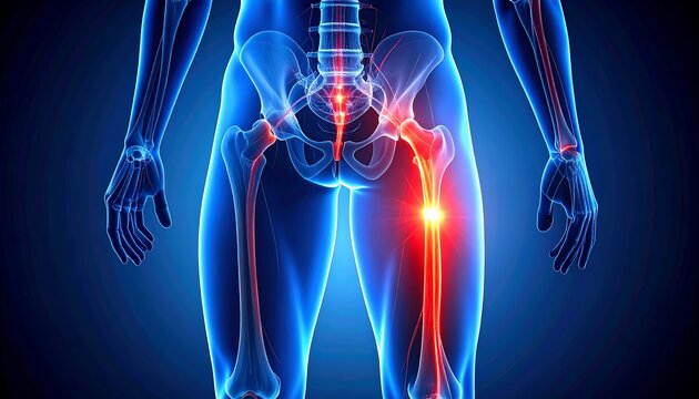 Digital anatomical illustration of sciatic nerve pain radiating through hips and thighs, emphasizing neural pathways and discomfort.