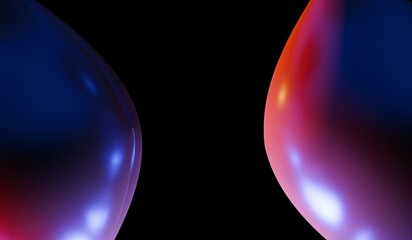 Peach and violet abstract glass spheres with glossy reflections on black background. Smooth peach-toned glass shapes blending with purple accents, softly illuminated for a modern artistic look.