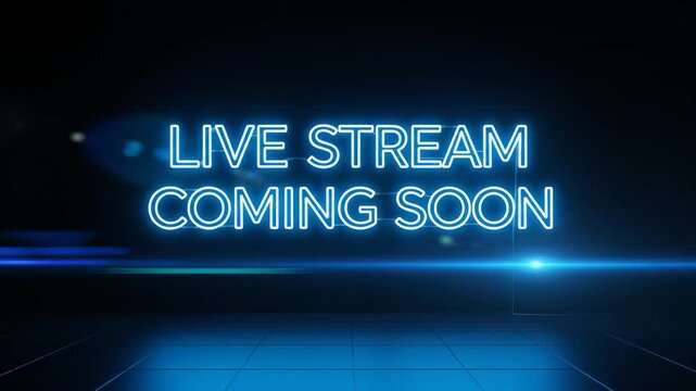 Anticipation builds for a live stream with glowing neon text on a futuristic stage