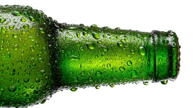 Cold green beer bottle with water drops on a white background
