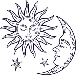 Vector art illustration of a smiling sun and moon with a boy and girl as the Pisces zodiac sign