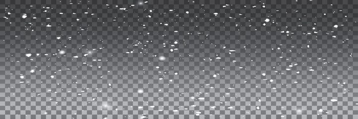 Falling snow particles blurred in motion on dark transparent background. Christmas snow dust. Vector falling snow overlay. Vector illustration