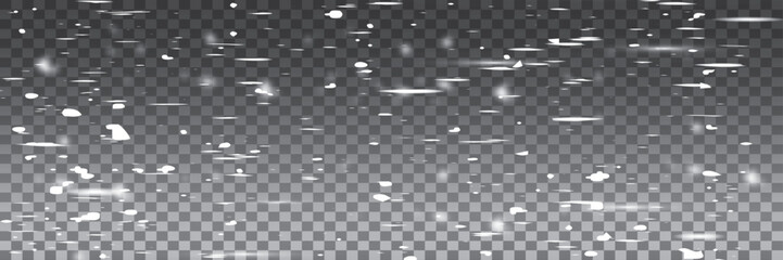 Falling snow particles blurred in motion on dark transparent background. Christmas snow dust. Vector illustration