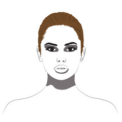 A minimalist digital illustration of a woman's face chart. She has slicked-back brown hair, bold eyebrows, and dramatic smoky eye makeup, with simple line art defining her.