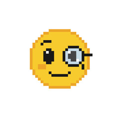 Obraz premium Pixelated Yellow Emoji with Monocle Winking and Smiling Face.