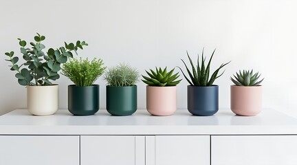 Fototapeta premium Various potted plants in different colored pots on a shelf